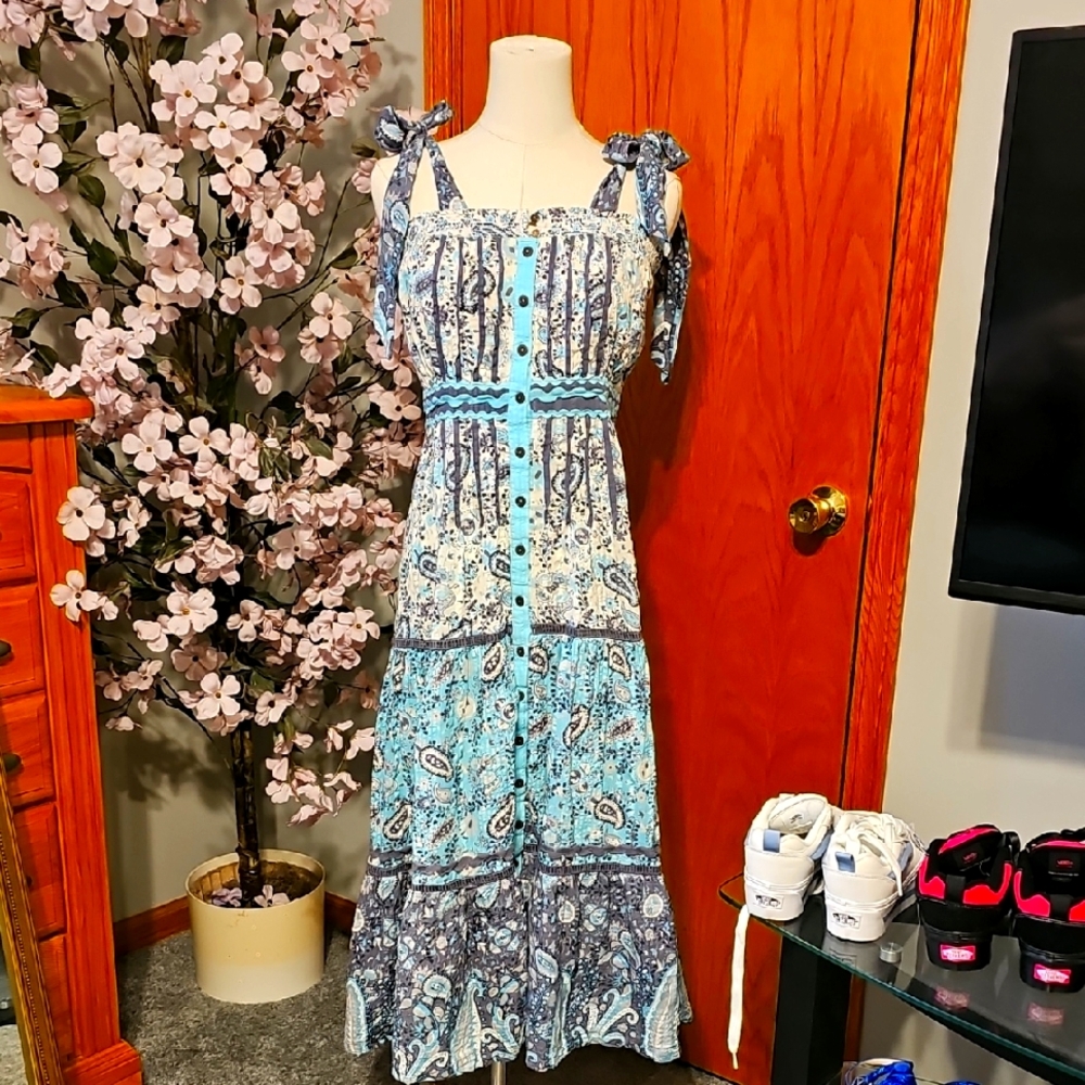 Anthropologie Blue and White Paisley Maxi Dress